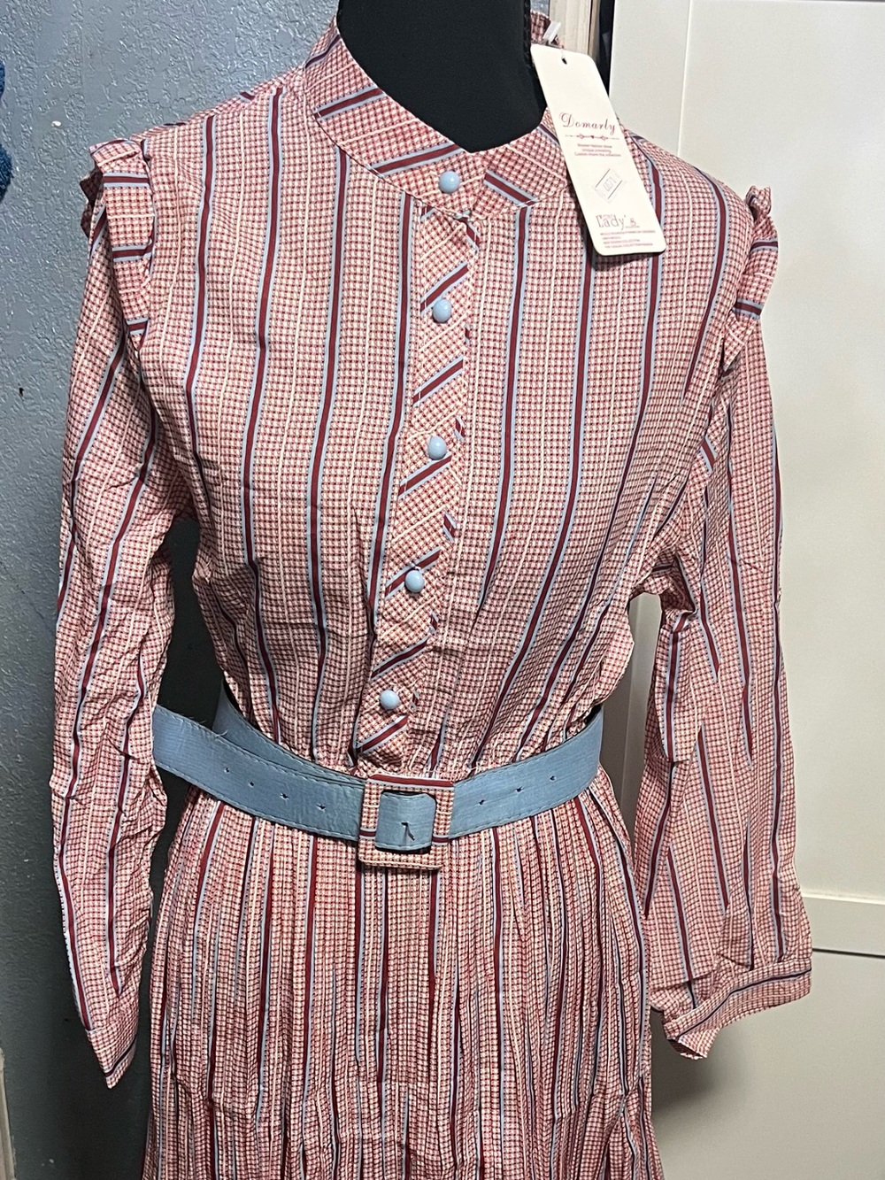 Doma Pink and Blue Striped Long-Sleeve Midi Dress